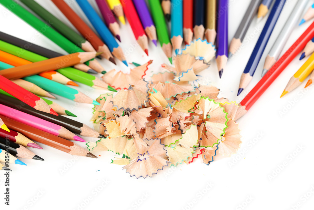 Drawing colourful pencils on a white background, close up
