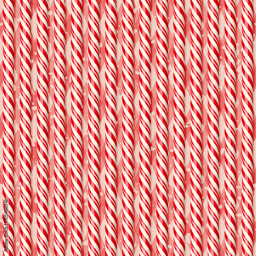 Realistic red candy canes on tablecloth. Seamless pattern