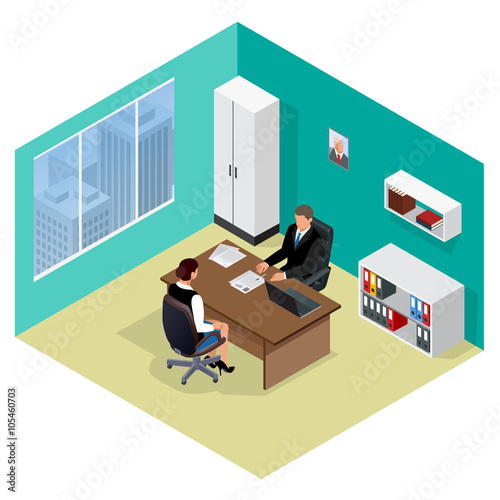 Job interview. Job applicants. Concept of hiring worker. Candidate and recruitment, hire and interviewer, decision and examination. Flat 3d isometric illustration. Meeting isometric. 