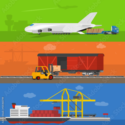 Freight logistics and transportation ways featuring seaway cargo shipping airway freight.
