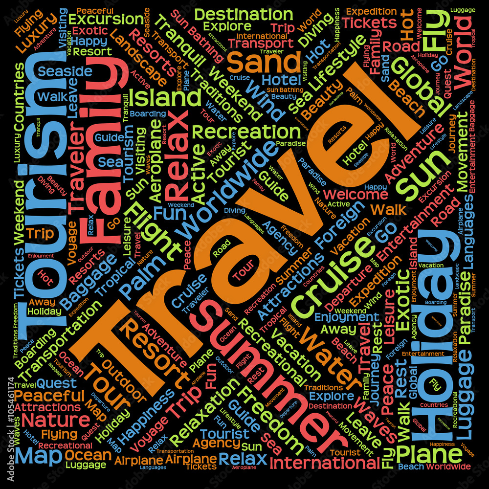 Conceptual travel or tourism word cloud isolated on background