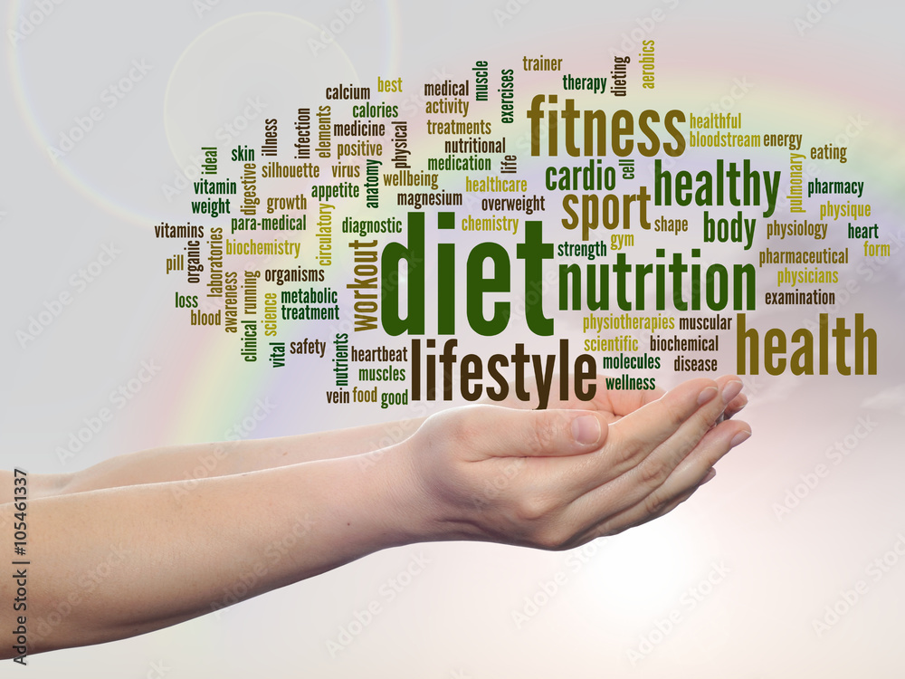 Conceptual health word cloud over rainbow Conceptual health word cloud over rainbow