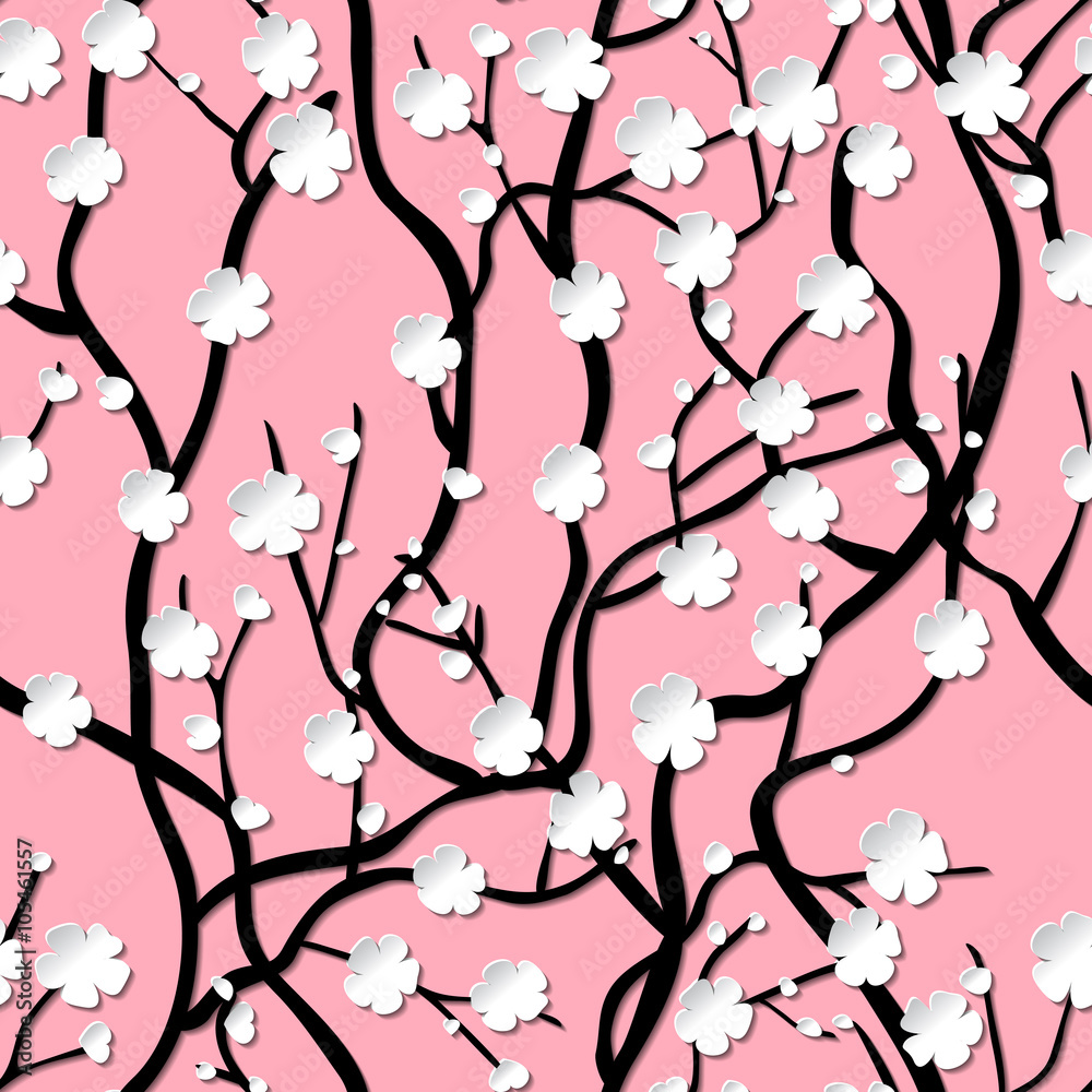 Tree of sakura with flowers. Infinitely curly branches. Oriental style. Seamless pattern with pink background
