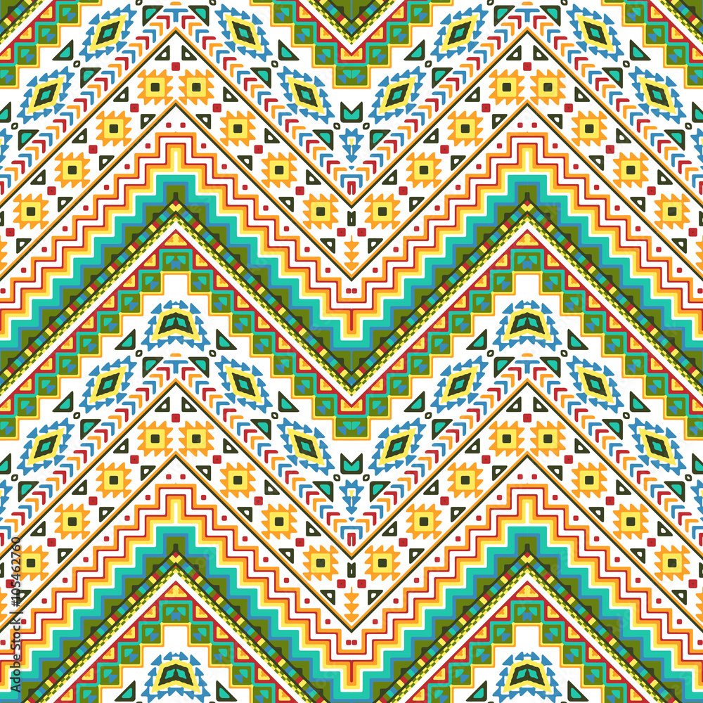 Seamless hand drawn chevron pattern with aztec ethnic and tribal ornament. Vector bright colors boho fashion illustration. Seamless hand drawn chevron pattern with aztec ethnic and tribal ornament. Vector bright colors boho fashion illustration.