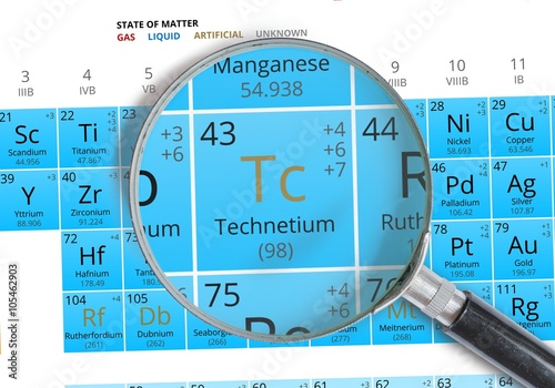 Technetium symbol - Tc. Element of the periodic table zoomed with mignifier