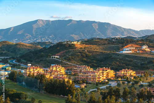Top view of the sunrise over the village of La Cala de Mijas. Andalusia. Spain