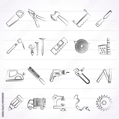 Carpentry, logging and woodworking icons - vector icon set
