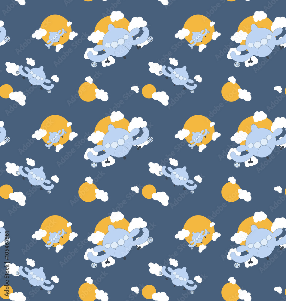 Seamless cartoon airplane  baby pattern with sun and clouds. Dark blue color background. Vector illustration.