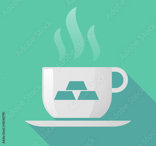 Long shadow cup of coffee with  three gold bullions
