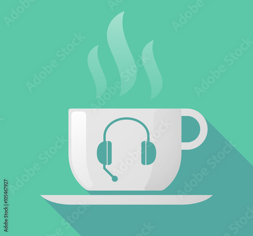Long shadow cup of coffee with   a hands free phone device