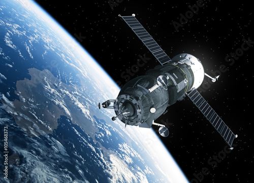 Cargo Spacecraft Orbiting Earth. 3D Scene.