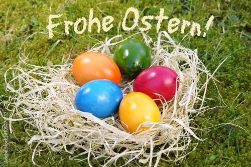 Ostern, Easter, Osterkarte, Osternest, Wiese, Frohe Ostern!, Schrift, Ostereier