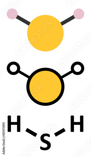 Hydrogen sulfide (H2S) molecule. Toxic gas with characteristic odour.