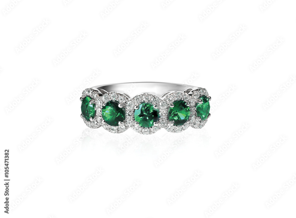 green emerald and diamond wedding band ring isolated on white green emerald and diamond wedding band ring isolated on white