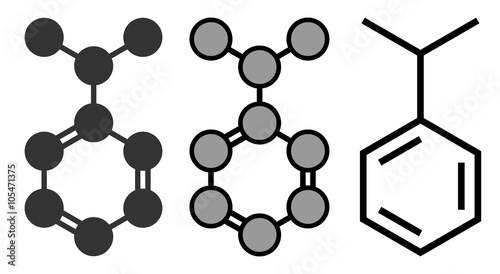 Cumene (isopropylbenzene) aromatic hydrocarbon molecule.