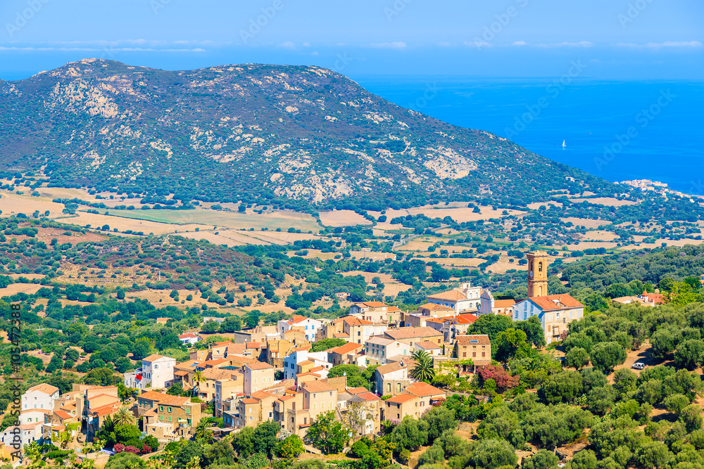 A view of mountain village Corbara on coast of Corsica island, France