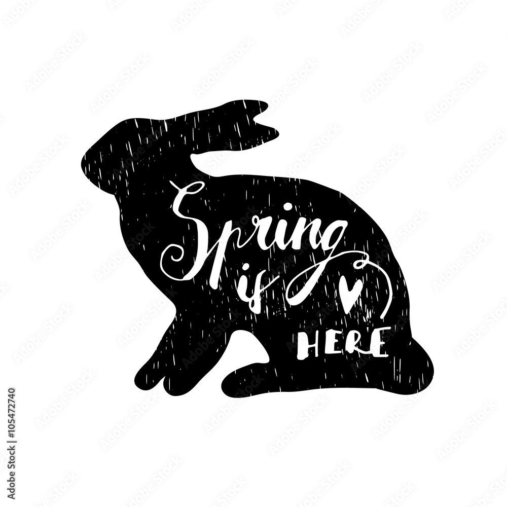 Obraz premium Cute easter greeting card with hand drawn silhouette of rabbit, hare and hand lettered text, vector