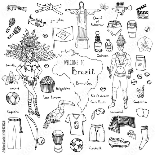 Hand drawn doodle Welcome to Brazil set Vector illustration Sketchy Brazilian traditional icons Cartoon Brazil typical elements collection Landmark Football ball cleats goal Capoeira Samba Orchid