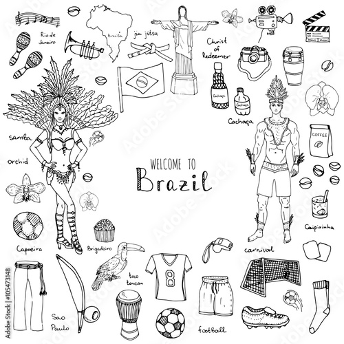 Hand drawn doodle Welcome to Brazil set Vector illustration Sketchy Brazilian traditional icons Cartoon Brazil typical elements collection Landmark Football ball cleats goal Capoeira Samba Orchid