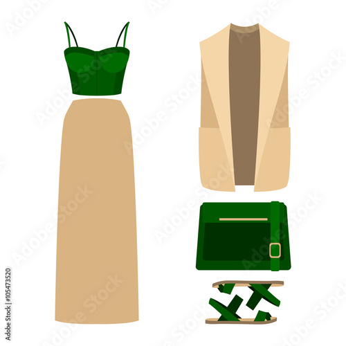 Set of trendy women's clothes. Outfit of woman vest coat, skirt, bustiers top and accessories. Women's wardrobe. Vector illustration