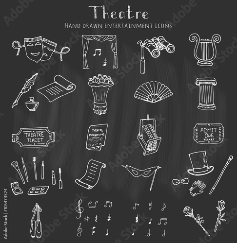 Hand drawn doodle Theatre set Vector illustration Sketchy theater icons  Theatre acting performance elements Ticket Masks Lyra Flowers Curtain stage Musical notes Pointe shoes Make-up artist tools