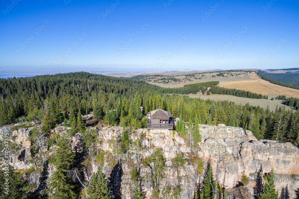 Aerial view of fire lookout at High Park Lookout in Wyoming