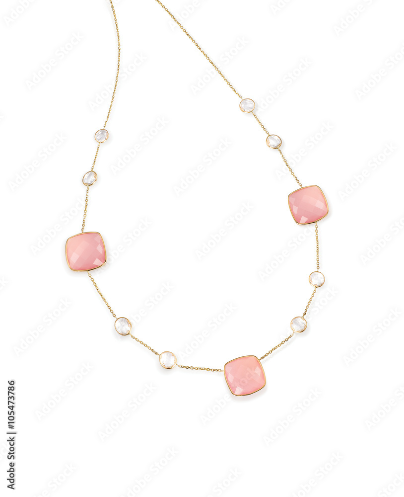 Pink Gemstone diamond necklace with chain isolated on white Pink Gemstone diamond necklace with chain isolated on white