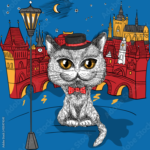 Vector funny British cat hipster in the black hat and red bowtie on the Prague cityscape with Prague Castle and Charles Bridge