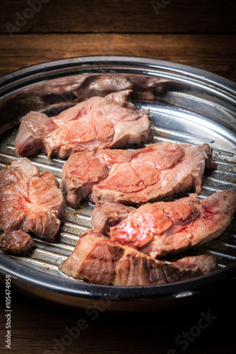 Beef steak in a frying pan.