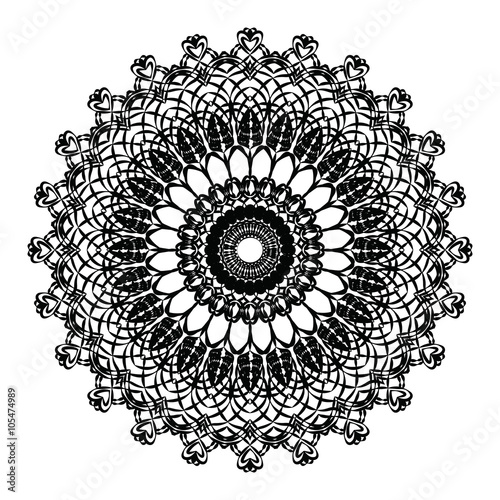 Delicate crochet lace round ornament in black. Vector