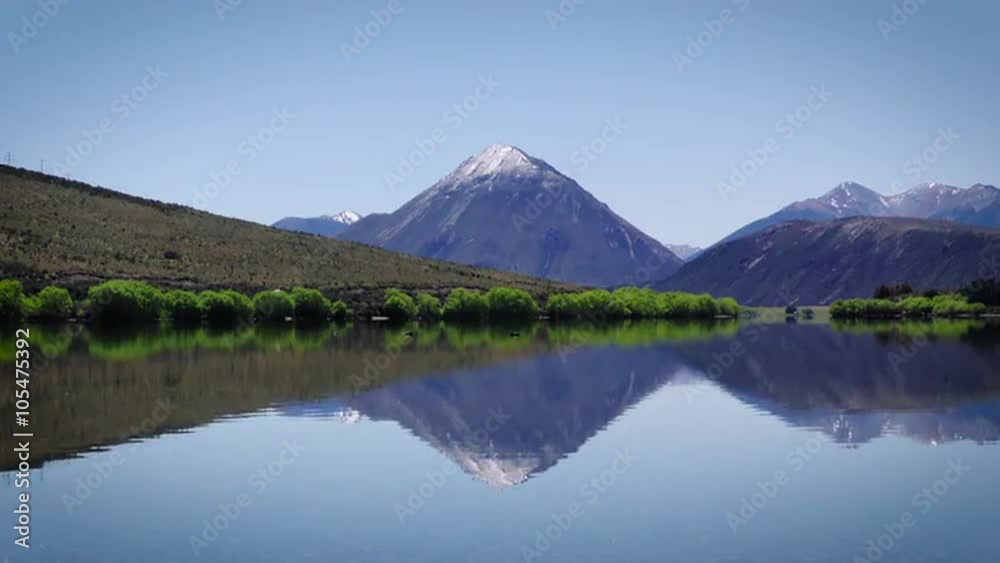 Snow capped mountain mirrored in lake, New Zealand. Static shot. Snow capped mountain mirrored in lake, New Zealand. Static shot.