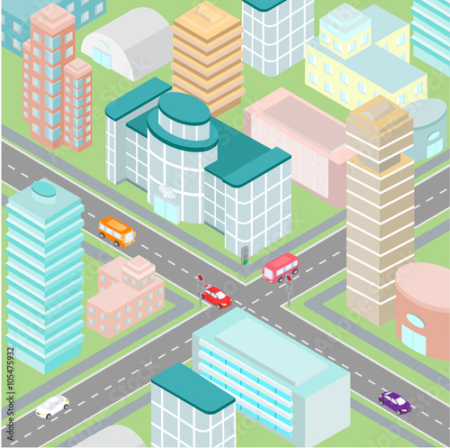  rossroad in a big city with modern buildings in the isometric