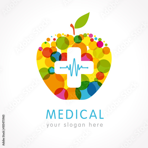 Medical company colored apple plus logo. Medical pharmacy white cross on the colorful apple logo design template