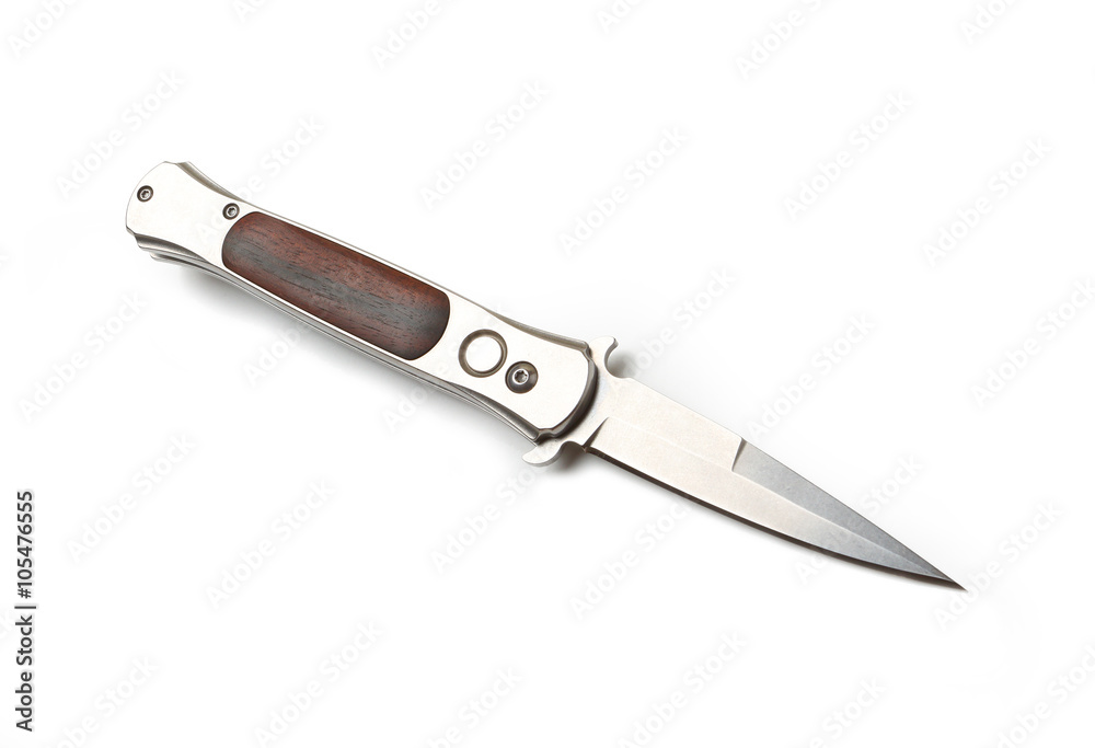 Automatic spring locking folding knife from stainless steel. Retro style weapon isolated on white background. Very popular knife for gangsters.