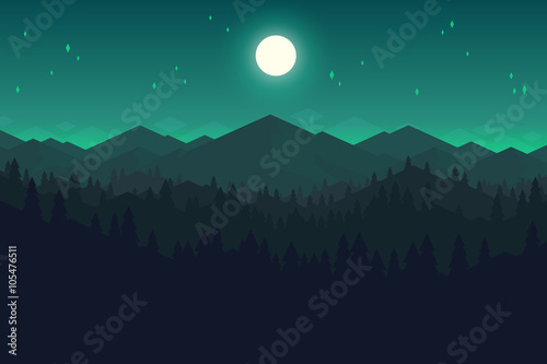 Vector mountain and forrest landscape in the night.