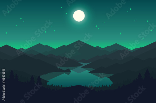 Vector mountain and forrest landscape in the night.