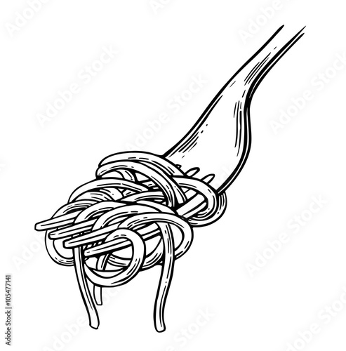 Spaghetti on fork. Vector vintage black illustration isolated on white background.