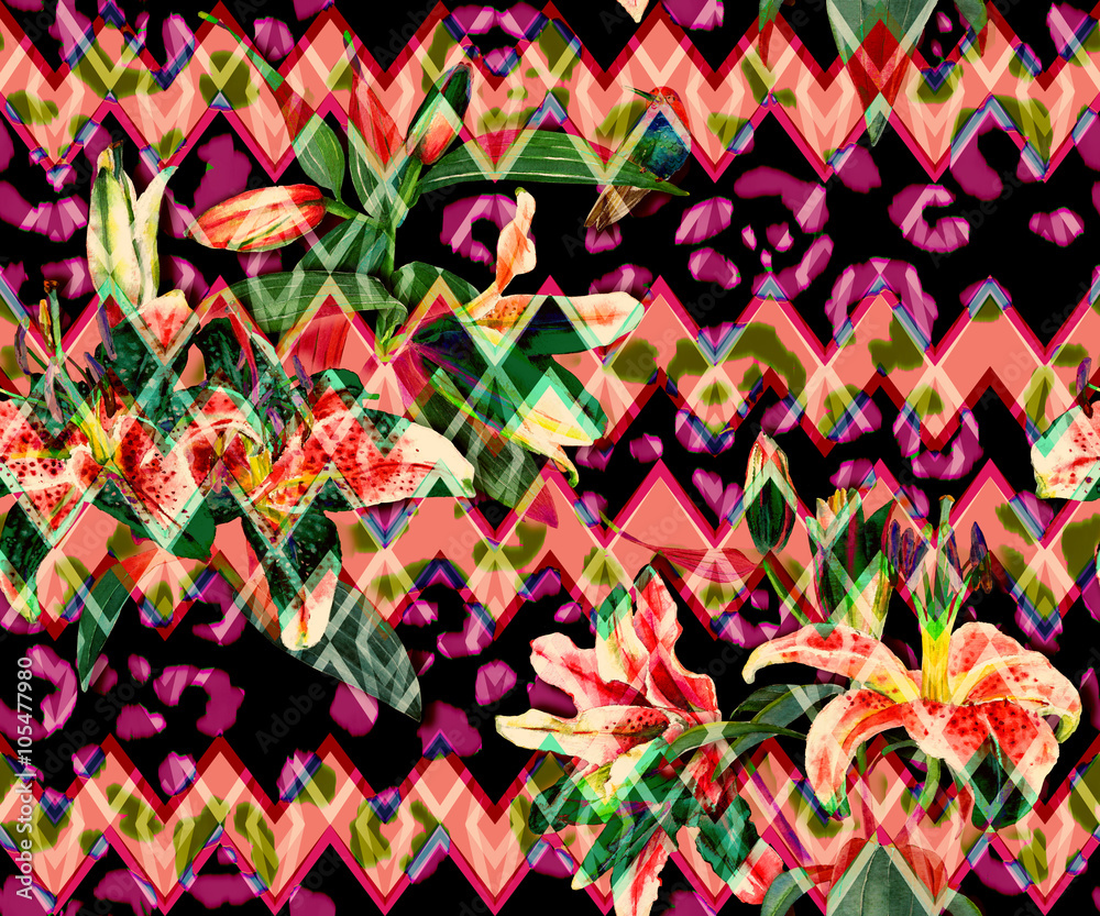 Seamless floral pattern of beautiful pink lilies and a hummingbird on magenta leopard spots background and a geometric ornament. Hand painted watercolor tropical flowers. Fabric texture.
