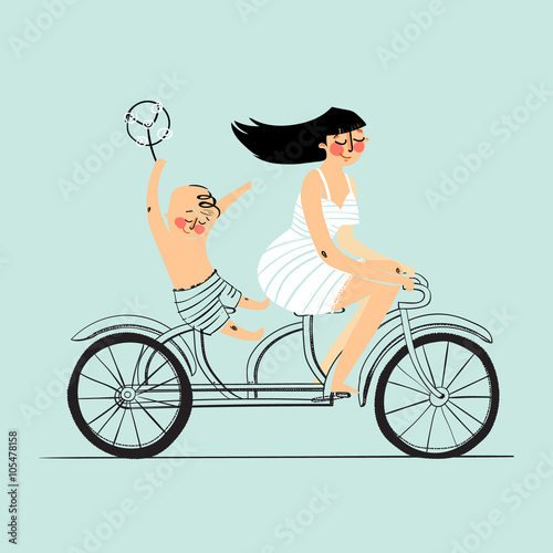 Woman and boy on tandem bicycle. Scooter rider, vector illustration