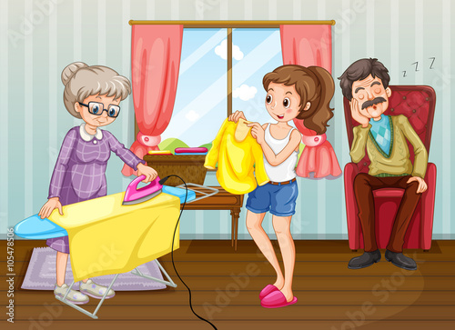 People doing chores in the house