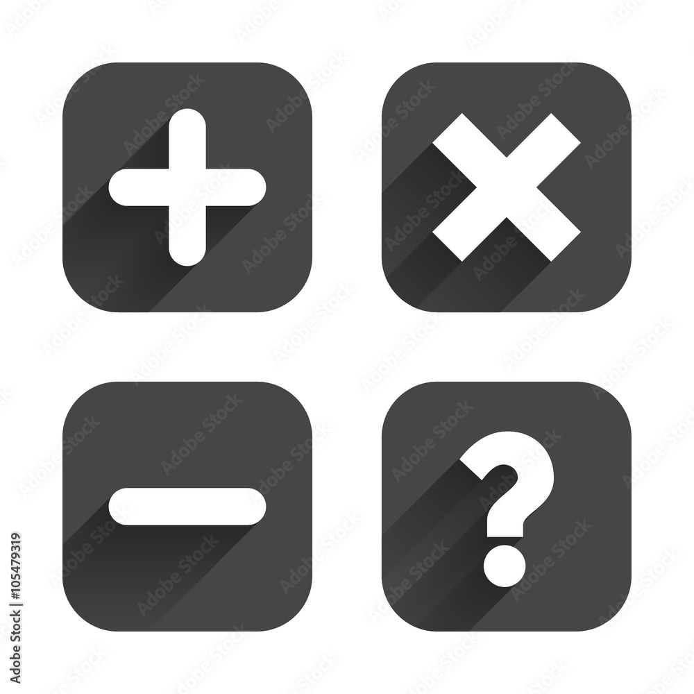 Plus and minus icons. Question FAQ symbol. Plus and minus icons. Question FAQ symbol.