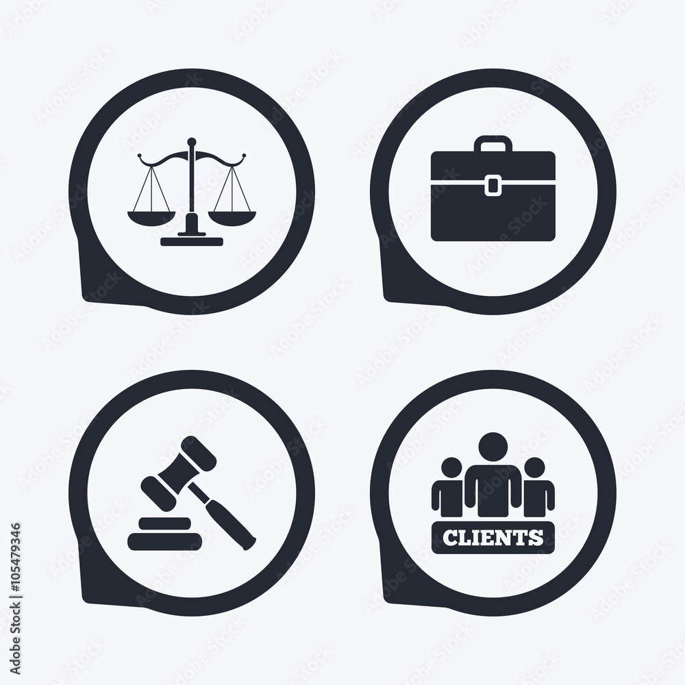 Scales of Justice icon. Auction hammer and case. Scales of Justice icon. Auction hammer and case.