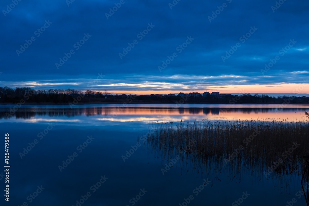 Beautiful lake landscape after sunset