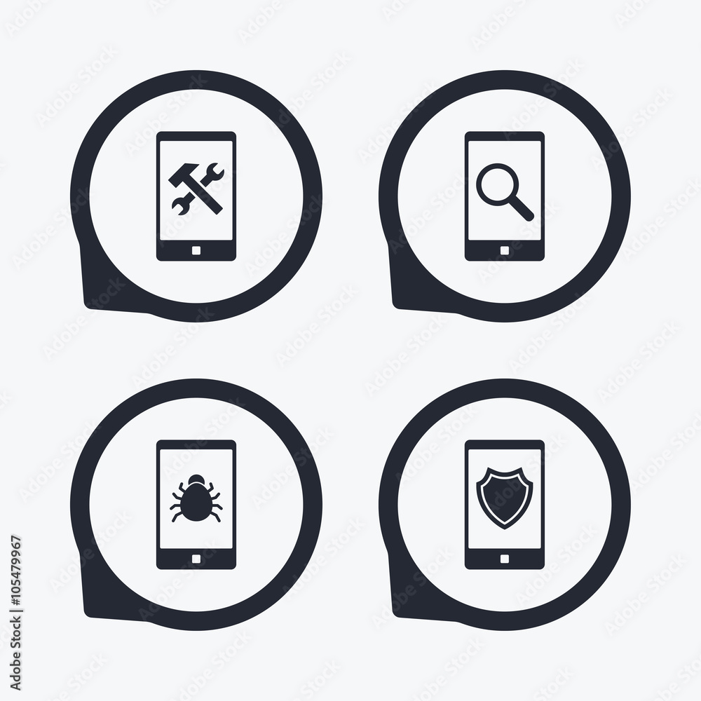 Smartphone icons. Shield protection, repair, bug
