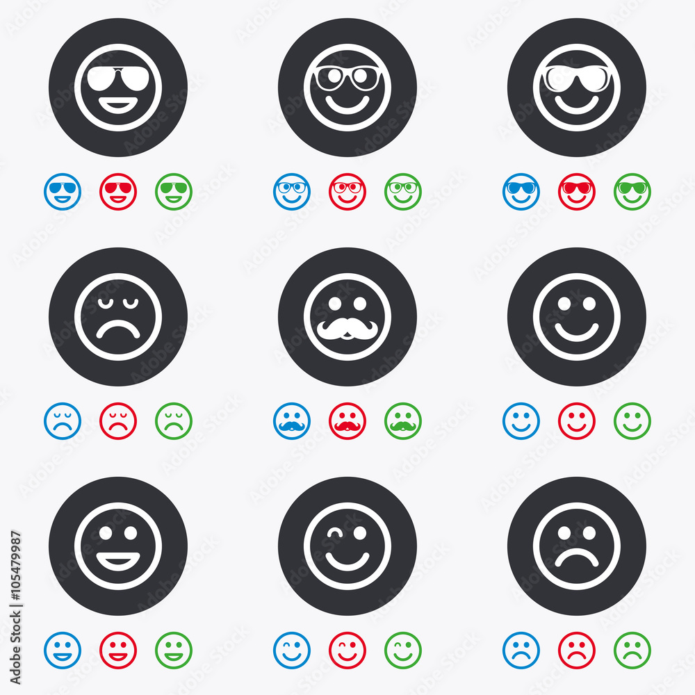 Smile icons. Sunglasses, mustache and laughing. Smile icons. Sunglasses, mustache and laughing.