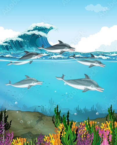Dolphins swimming under the sea