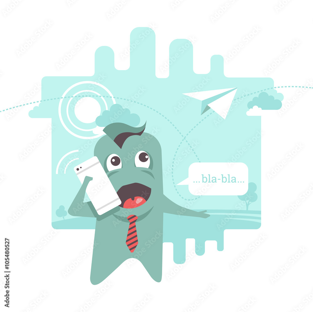 Funny character is talking over the phone. Funny character is talking over the phone.