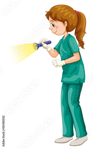 Vet in green uniform flashing the light