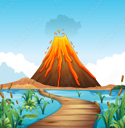 Nature scene with volcano eruption by the lake