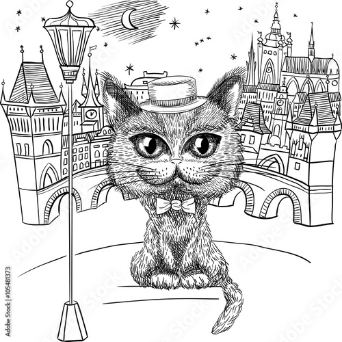 Vector funny British cat hipster in hat and bowtie on the Prague cityscape with Prague Castle and Charles Bridge